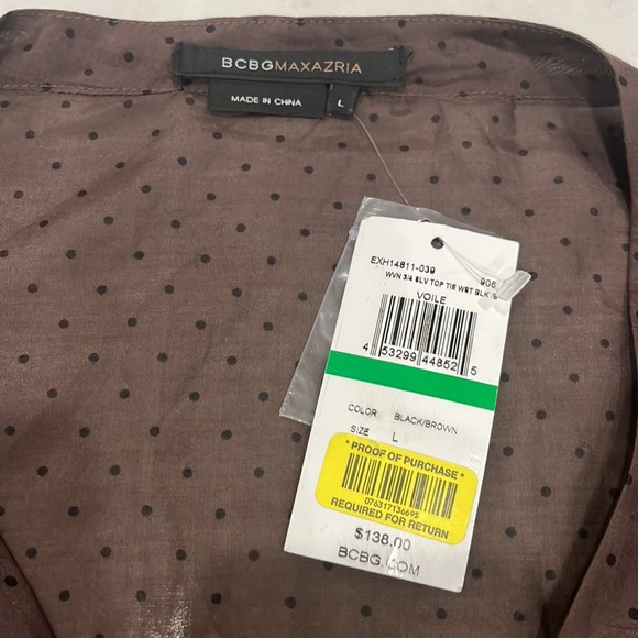 NWT BCBG Maxazria Brown Sheer with Black Polka Dots Tie Around the Waist Top - Picture 2 of 8